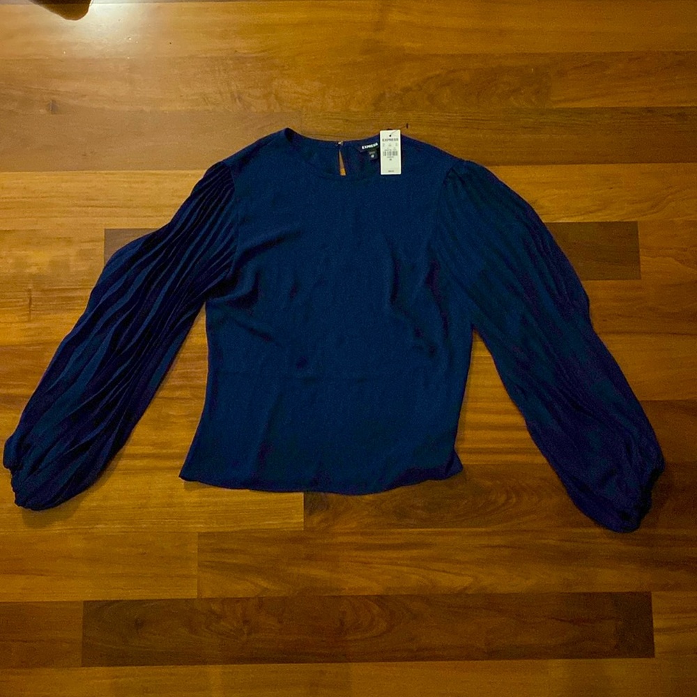 Express pleated balloon sleeves blouse- dark navy blue